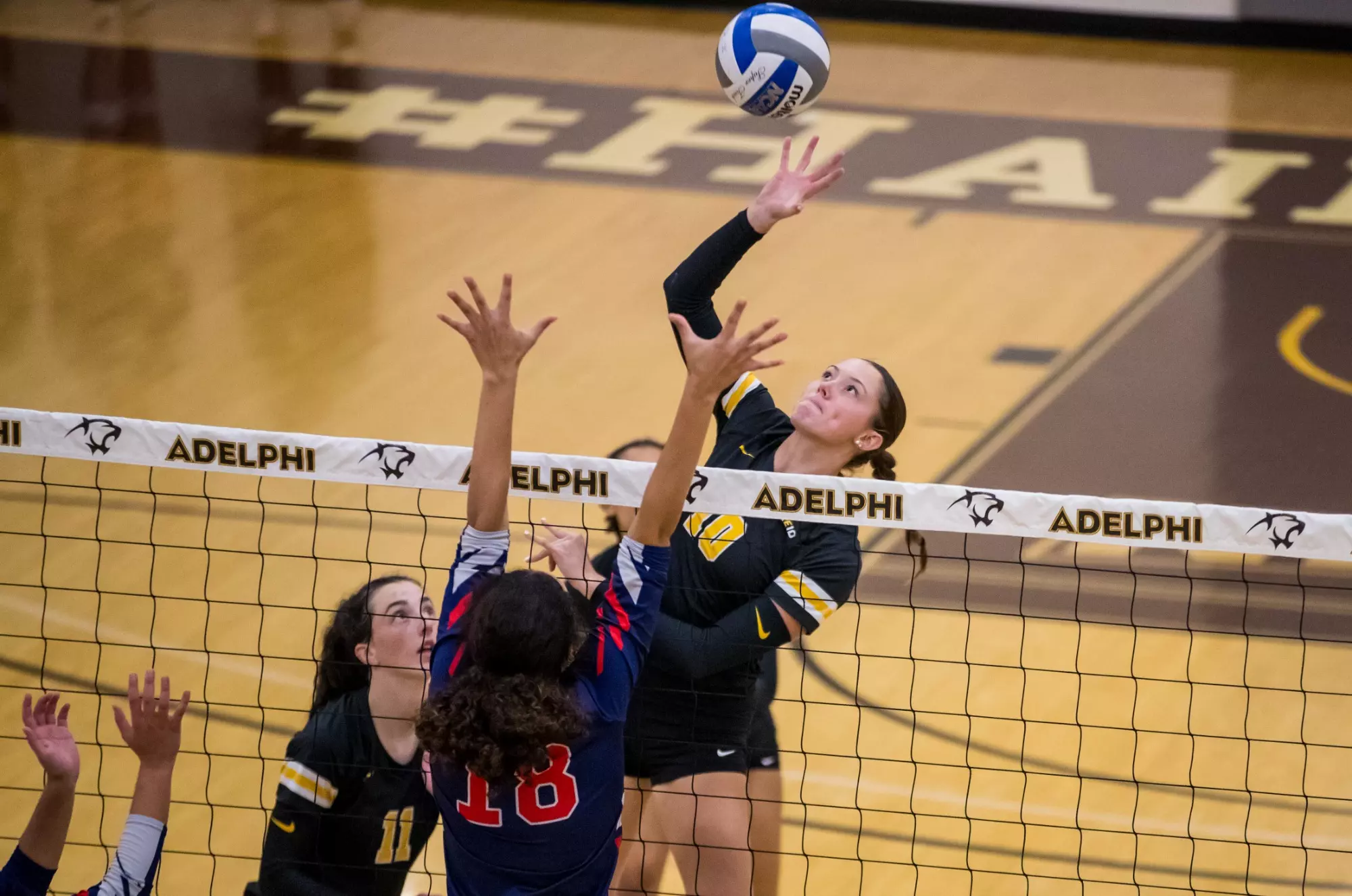 Mackenzie Casey of Adelphi University attacking at the net