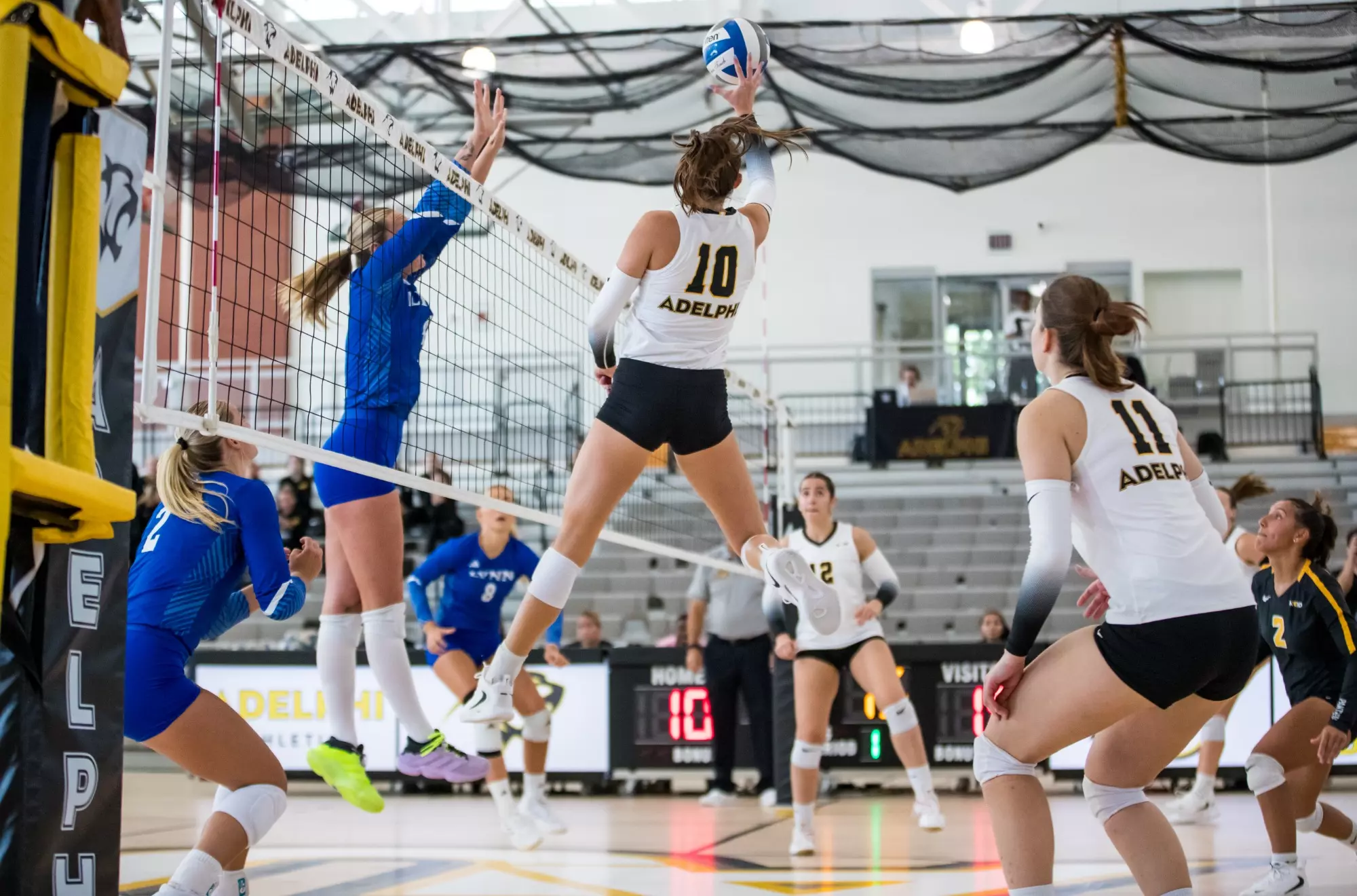 Two volleyball players jumping to block at the net